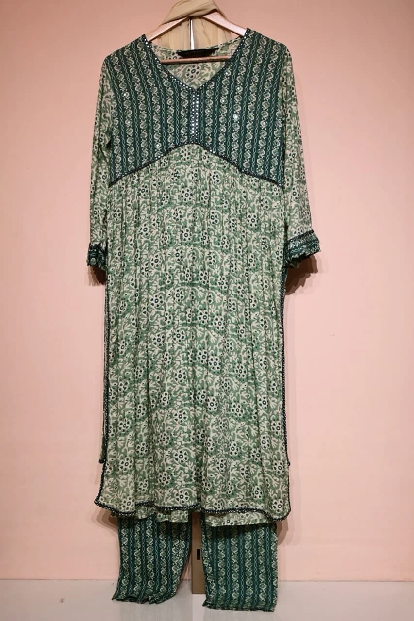 Floral Mirror Work Asymetric Kurta